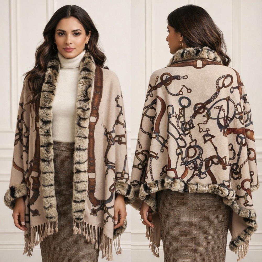 VOLARE 100% Cashmere Shawl Wrap Rex Rabbit Fur Equestrian Stirrups Old Money